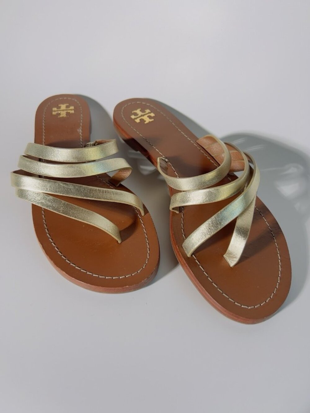 Tory Burch Patos Gold Leather Strappy Flat Sandals Size 9 M